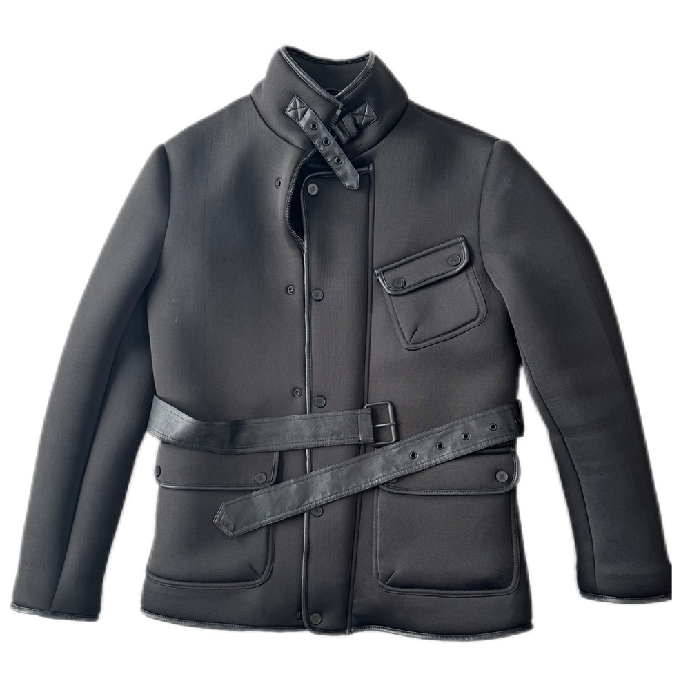 Zara Men Sleek Black Scuba Fabric Jacket with Chic Waist Belt.  Size M
